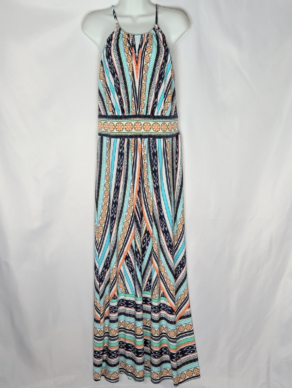 London Times Maxi Dress Geometric Aztec Print Teal Orange Sleeveless Halter 10